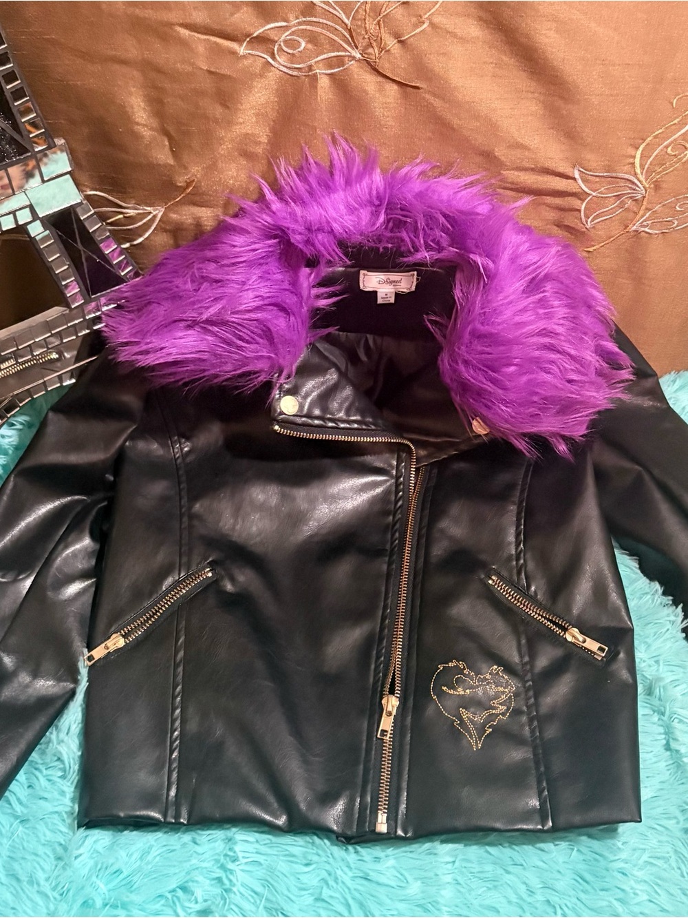 Kids Black Faux Leather Jacket with Detachable Purple Faux Fur Collar- By Disney